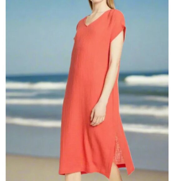 Eileen Fisher Shift Cotton Dress Womens Large Orange Short Sleeve Lightweight - Picture 7 of 7